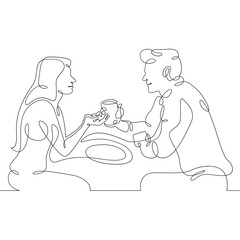 Young loving couple in a cafe. A woman and a man sit for coffee and food. One continuous line .One continuous drawing line logo isolated minimal illustration.