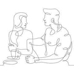 Young loving couple in a cafe. A woman and a man sit for coffee and food. One continuous line .One continuous drawing line logo isolated minimal illustration.