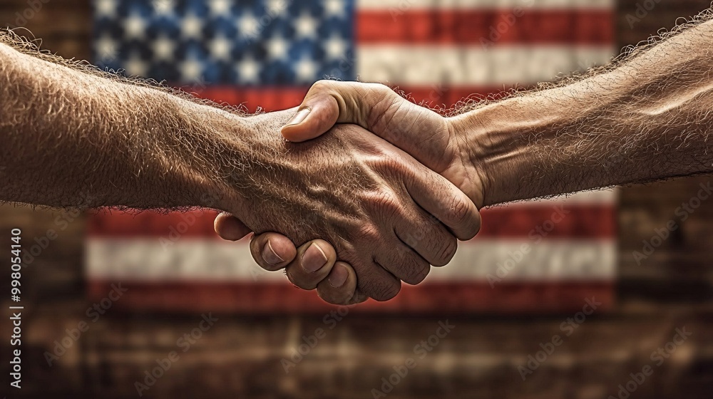 Poster a close-up of hands shaking with an american flag in the background representing partnership unity a