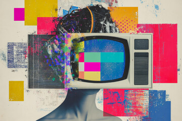 An artistic blend showing a person with a television for a head amidst a colorful abstract background, symbolizing media and identity fusion.