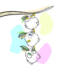 Illustration Of Three Cute Birds Perched On a Tree Branch