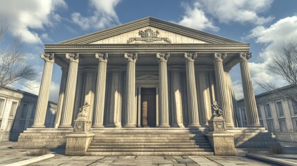 Fototapeta premium Bank edifice in 3D, featuring classical architecture with pillars, resembling a museum or government building.