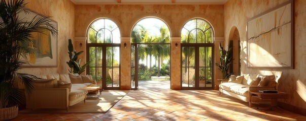 A classic Mediterranean living room with stucco walls, terracotta floor tiles, and large archways leading to a sun-drenched patio