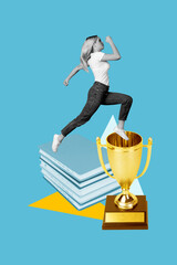 Vertical photo collage of serious girl run book stack education academic contest winner gold cup...