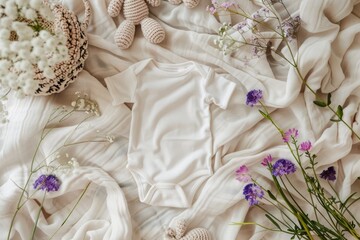 White Baby Onesie Mockup with Floral Arrangement and Crochet Toys – Perfect for Baby Shower Invitations and Birth Announcements