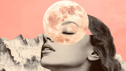 Fototapeta premium An artistic collage featuring a blend of mountainous terrain, the moon, and other creative elements on a pink background, symbolizing dreams.