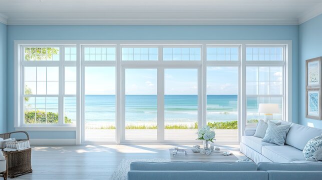 Fototapeta A coastal living room with light blue walls, white trim, and a view of the ocean through large windows