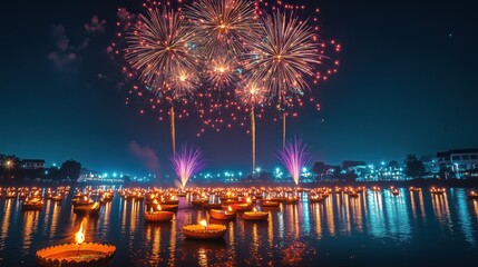 Spectacular display of fireworks over river filled with floating decorated baskets with burning candles. Night time Buddhist festival Loy Krathong. Lantern Festival background, festive wallpaper 