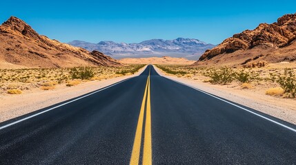 Long Empty Desert Highway with Golden Sand and Rocky Mountains under Clear Blue Sky