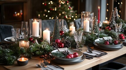 A festive holiday table set with Christmas decorations and candles