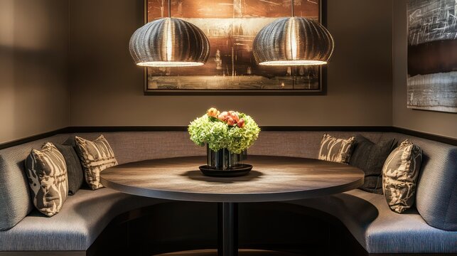 A contemporary breakfast nook with a round table, banquette seating, and pendant lights