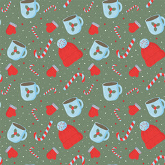 Seamless Christmas pattern with a hat, lollipop, cup of cocoa, mittens, snowflakes on a green background. For wrapping paper, cover, textiles, background, cover, banner.