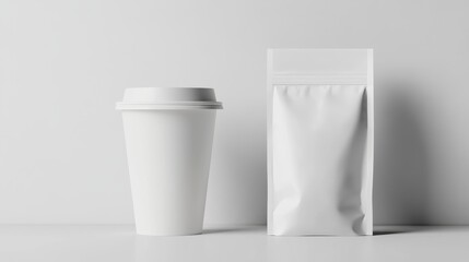 Simple mockup of a white coffee cup and coffee package against a light backdrop, ideal for design and branding purposes