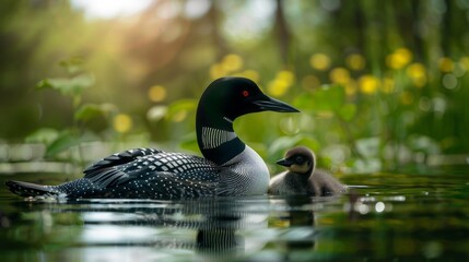 Obraz premium A mother duck and her duckling are swimming in a pond