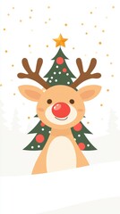 Naklejka premium Festive Reindeer with Christmas Tree and Snowflakes
