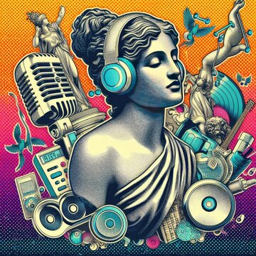 Pop art halftone collage with antique statue in headphones and grunge singer paper elements. Retro composition. Club party poster, podcast, magazine. Y2K, 80s, 90s style. Psychedelic, surreal art. ani