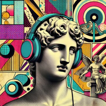 Pop art halftone collage with antique statue in headphones and grunge singer paper elements. Retro composition. Club party poster, podcast, magazine. Y2K, 80s, 90s style. Psychedelic, surreal art. ani