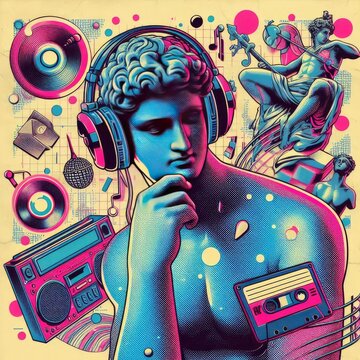 Pop art halftone collage with antique statue in headphones and grunge singer paper elements. Retro composition. Club party poster, podcast, magazine. Y2K, 80s, 90s style. Psychedelic, surreal art. ani
