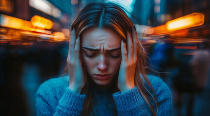 Obraz premium A woman in the city is holding her head with both hands, feeling busy and tense due to stress. The background features blurred people moving fast on streets, symbolizing chaos arou