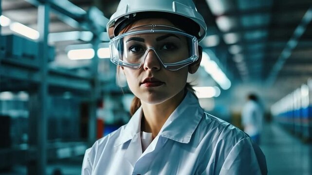 Female engineer working in an industrial factory wearing a white hard hat and glasses looking at the camera.