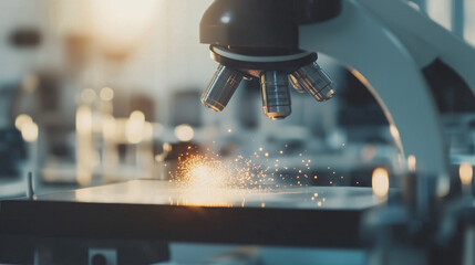 Microscopic view of glowing particles decaying into smaller fragments, symbolizing particle decay in a physics lab setting with scientific instruments and equipment in the background.