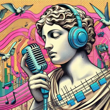 Pop art halftone collage with antique statue in headphones and grunge singer paper elements. Retro composition. Club party poster, podcast, magazine. Y2K, 80s, 90s style. Psychedelic, surreal art. ani