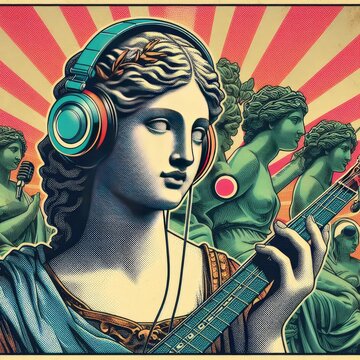 Pop art halftone collage with antique statue in headphones and grunge singer paper elements. Retro composition. Club party poster, podcast, magazine. Y2K, 80s, 90s style. Psychedelic, surreal art. ani
