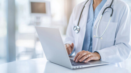  A close-up of a female doctor engaging with a patient through a laptop video call, highlighting her friendly demeanor and the digital healthcare technology in use, with medical