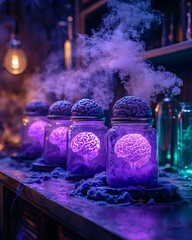 spooky scooby-doo style haunted medical lab with brain in jar backlight purple and green