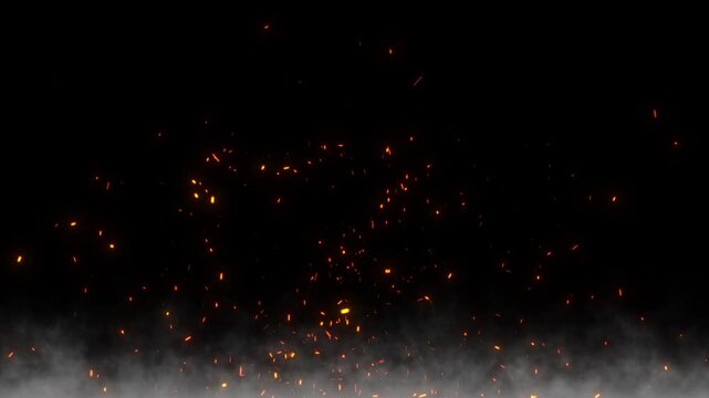 Flying sparks and coals from a fire with realistic smoke. abstract glowing particles of burning fire on a black background, bonfire flares