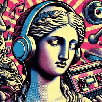 Pop art halftone collage with antique statue in headphones and grunge singer paper elements. Retro composition. Club party poster, podcast, magazine. Y2K, 80s, 90s style. Psychedelic, surreal art. ani
