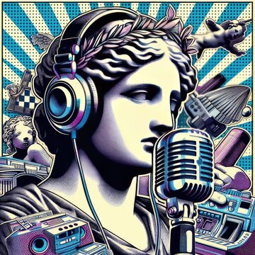 Pop art halftone collage with antique statue in headphones and grunge singer paper elements. Retro composition. Club party poster, podcast, magazine. Y2K, 80s, 90s style. Psychedelic, surreal art. ani