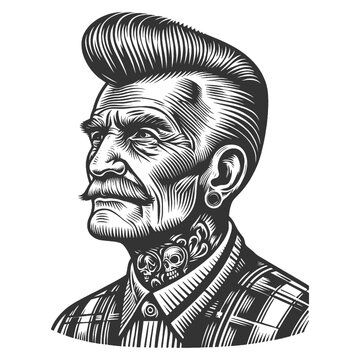 recommend clip art: Elderly punk man with a pompadour hairstyle, facial tattoos sketch engraving generative ai fictional character vector illustration. Scratch board imitation. Black and white image.