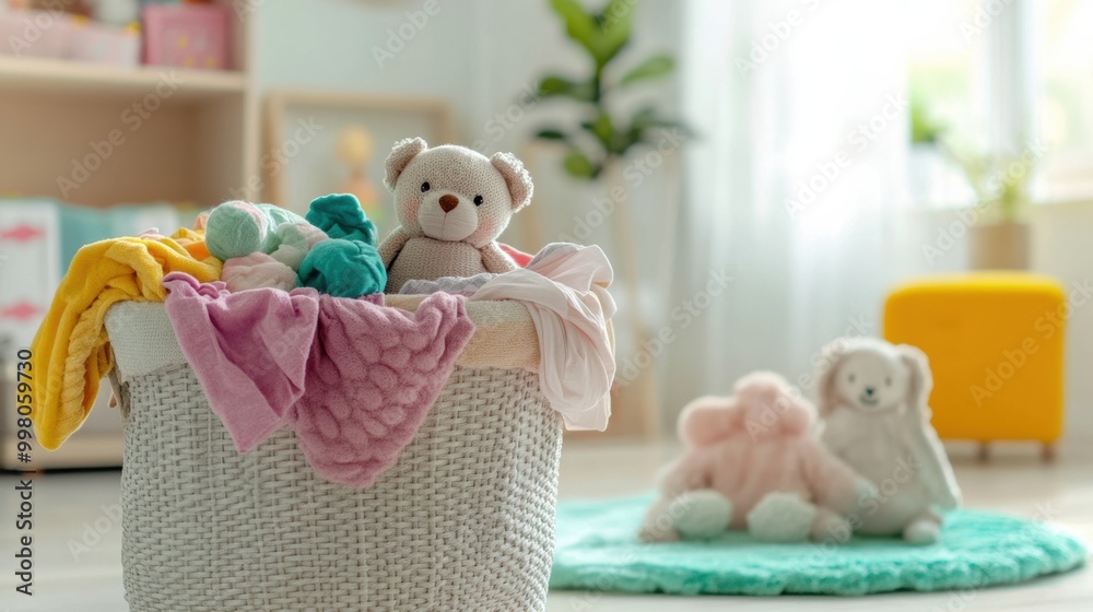Poster a laundry basket overflows with vibrant children's clothes and plush toys, creating a cozy atmospher