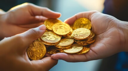 Valuable Exchange - Close-up of Hands Transferring Gold Coins Symbolizing Wealth and Prosperity