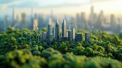 Skyscrapers and wind turbines rise from lush greenery, blending nature and city.