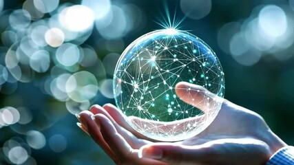 Hands of man holding white and blue hologram sphere of big data network