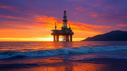 Fototapeta premium Oil rig at sunset, colorful sky reflecting on ocean waves.
