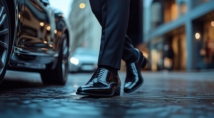 Fototapeta premium close up of man wearing black shoes stepping out from luxury car, business suit, blurry background, car on the left side of frame,