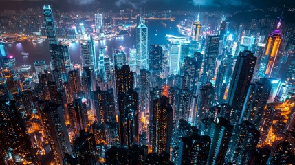 Obraz premium Illuminated Urban Splendor - A Vibrant Cityscape of Glowing Skyscrapers at Night