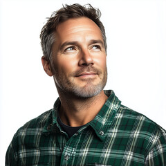 Obraz premium A photograph of a happy, handsome, mature man wearing a green plaid shirt, looking to the side, isolated on a white background, with soft studio lighting, a portrait photograph.
