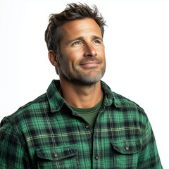 Obraz premium A photograph of a happy, handsome, mature man wearing a green plaid shirt, looking to the side, isolated on a white background, with soft studio lighting, a portrait photograph.