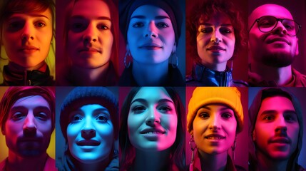 Obraz premium Collage of Diverse Men and Women Portraits in Neon Light – Capturing Human Emotions