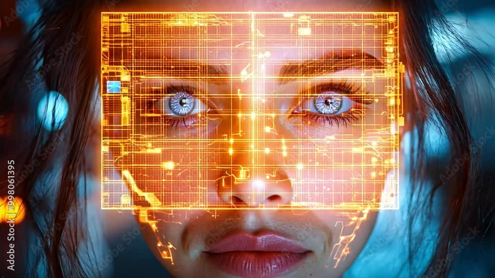 Poster a woman stands in a modern workspace, her face illuminated by digital projections displaying intrica