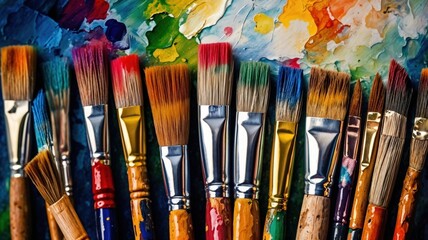 Obraz premium Paint brushes are lined up in front of a paint palette