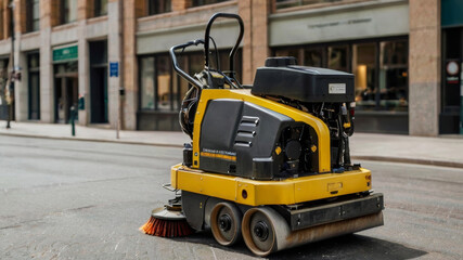 Fully automated street cleaning machine with round brushes on a city street early in the morning