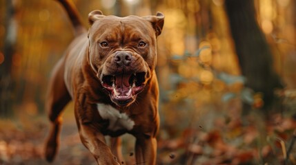 A brown pitbull dog is running through the woods with its mouth open