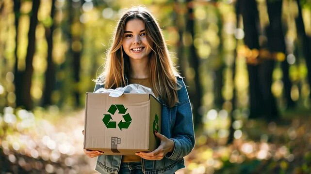 A cute girl holding a box with a plastic recycling logo in the park