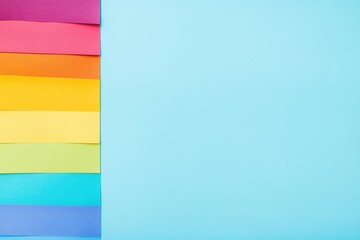 Obraz premium Colorful strips of paper in various shades arranged neatly on a blue background for creative projects or crafts