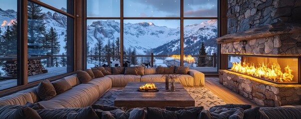 A cozy ski lodge living room with a large stone fireplace, deep plush sofas, and a view of the snowy mountains through floor-to-ceiling windows